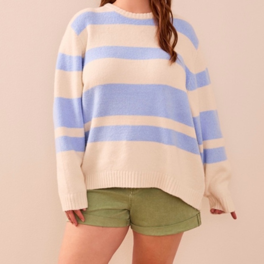 ARULA Cream and Light Blue Striped Cozy Sweater